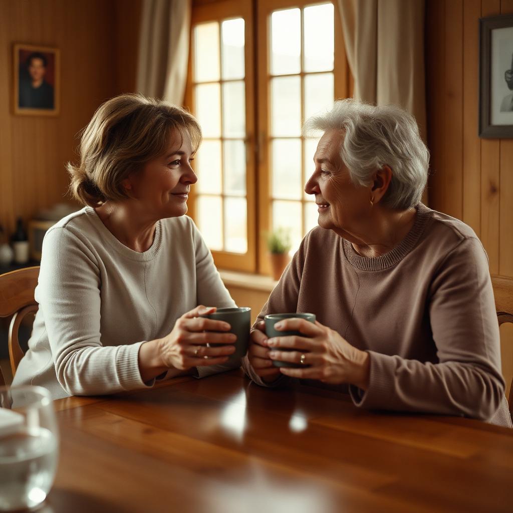 Adult daughter and her mother sharing coffee at the kitchen table