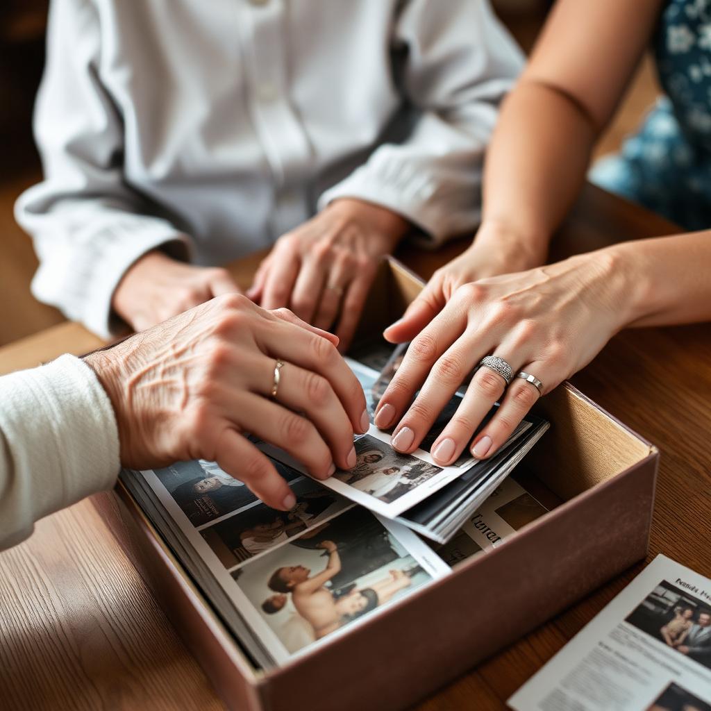 Hands sorting through a box of old family photographs